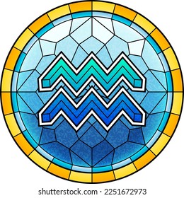 Aquarius Zodiac Symbol, Classic Stained Glass Church Window Frame, Horoscope Astrology Fortune-Telling and Future Prediction, Air Element Badge Icon Vector Design Illustration.