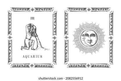 Aquarius zodiac symbol in frame, drawn horoscope card in engraving style. Vintage illustration of astrological sign with Sun and Crescent in vector.