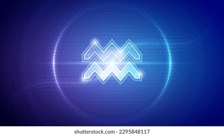 Aquarius Zodiac Symbol Futuristic Hologram Neon Glow Cybernetic Digital Translucent Horoscope, Astrology and Fortune-Telling Backdrop Background Illustration