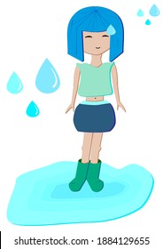 Aquarius Zodiac Symbol. Girl. Teenager. Blue Hair. Drops Of Wather.Blue Clothes. Symbol Aqua. Cute  Hairstyle. 