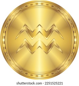 Aquarius Zodiac Symbol Glowing Metal Round Gold Coin Digital Currency Icon Isolated on White Background Vector Illustration for Horoscope, Astrology.
