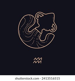 Aquarius zodiac symbol golden contour on dark background. Astrological zodiac icon. Water pours from a jug silhouette. Flat design Aquarius Horoscope sign vector illustration isolated on white