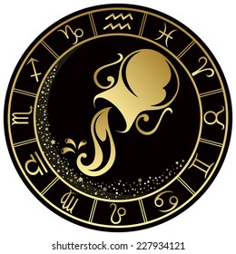 Aquarius Zodiac symbol in the Golden round frame. Vector illustration.