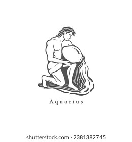 Aquarius zodiac symbol, hand drawn in engraving style. Vector graphic illustration of astrological sign Aquarius