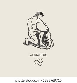 Aquarius zodiac symbol, hand drawn in engraving style. Vector graphic illustration of astrological sign Aquarius