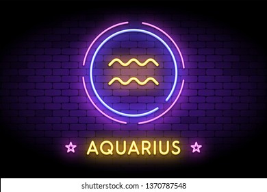 The Aquarius zodiac symbol, horoscope sign in trendy neon style on a wall. Aquarius astrology sign with light effects for web or print.