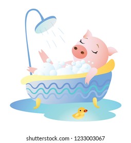 Aquarius. Zodiac symbol. Piggy taking a bath with foam and rubber duck. Chinese horoscope symbol 2019. Isolated on transparent background. Excellent for the design of postcards, posters, stickers etc.