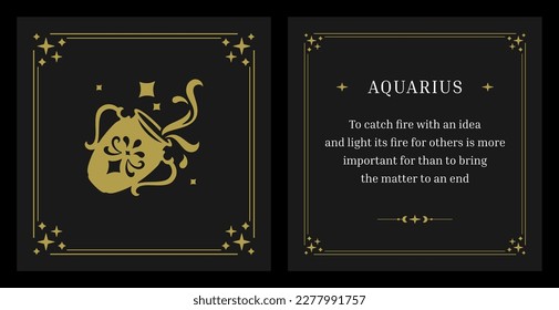 Aquarius zodiac vintage ornate jug horoscope golden symbol black card design template set vector illustration. Astrological constellation celestial magic jar water splash magic fortune description