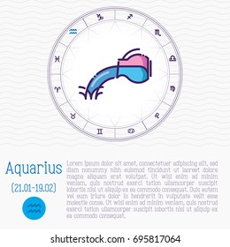 Aquarius in zodiac wheel, horoscope chart with place for text. Thin line vector illustration.