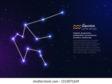 Aquarius zodiacal constellation with bright stars. Aquarius star sign and dates of birth on deep space background. Astrology horoscope with unique positive personality traits vector illustration.