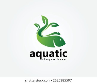 aquascape, logotipo aquático, peixe abstrato com cauda mistura com plantas, modelo de design de logotipo