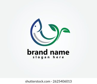 aquascape, logotipo aquático, peixe listrado abstrato com cauda mistura com folhas, modelo de design de logotipo