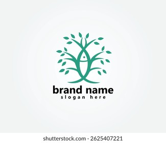 aquascape, logotipo aquático, abstrato duas árvores em uma linha com hastes que se juntam para formar a sombra de um peixe, modelo de design de logotipo