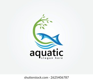 aquascape, logotipo aquático, mistura circular árvore com peixe decorado com ondas listradas abaixo, modelo de design de logotipo