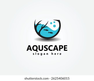 aquascape, logotipo aquático, árvore circular suporta aquário com dois pequenos peixes nele, modelo de design de logotipo