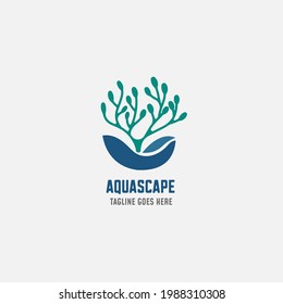 Aquascape logo design template. Aquarium and seaweed vector illustration.