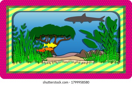 aquascape, paper cut, flat design, vector, wallpaper desktop, poster, decoration, sweet colour, fish vector, plants vector.