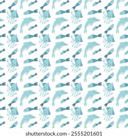 Aquatic animal pattern featuring fish, octopus, and dolphin in blue tones.