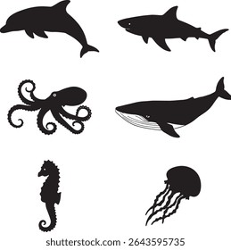 Aquatic Animal Silhouette Collection Sea Life Set