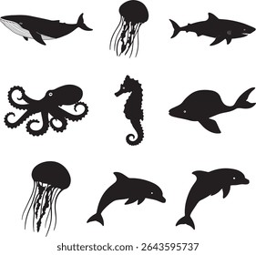 Aquatic Animal Silhouette Collection Sea Life Set