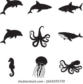 Aquatic Animal Silhouette Collection Sea Life Set
