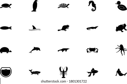 Aquatic animals black color set solid style