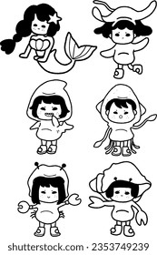 aquatic animals, boy, bubble, cartoon, character, child, collection, colorful, coral, crab, cute, fantasy, fish, girl, glass bottle, hermit crab, illustration, jellyfish, line, mermaid, ocean, sea