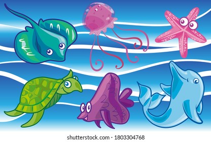 Aquatic animals with sea background set 2