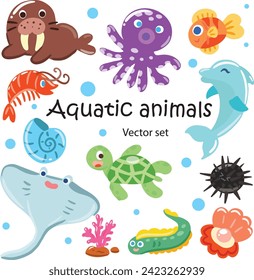 Aquatic animals sea animals  hand draw cute vector set