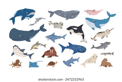 Aquatic animals set. Ocean mammals orca, whale, dolphin, shark and beluga, seal, sea lion, walrus in different poses. Big flat vector set in cartoon cute style.