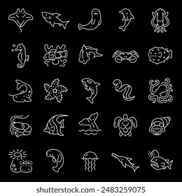 Aquatic animals, white line icons. Marine and freshwater creatures, fish and other sea life. nature and environmental themes. Symbols on black background. Editable stroke.