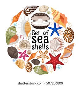 Aquatic badge with sea pearl shells and starfishes vector text label for travel message