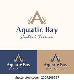 AQUATIC BAY logo can be used for creating businesses like Seafood Restaurants, Coast Terraces, Hotels and Spas, Resorts, and Seafood Eateries. 