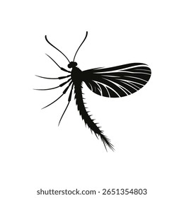 Caddisfly Aquático ou Mayfly Black Silhueta Ícone Elegante Flying Inseto Vetor Arte para Conservação da Vida Selvagem e Projetos de Educação Ambiental