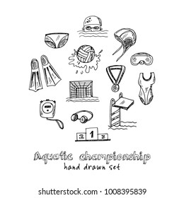 Aquatic championship Hand drawn doodle set. Vector illustration. Isolated elements on white background. Symbol collection.