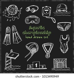 Aquatic championship Hand drawn doodle set. Vector illustration. Isolated elements on blackboard background. Symbol collection.