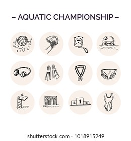 Aquatic championship Hand drawn doodle set. Vector illustration. Isolated elements on white background. Symbol collection.