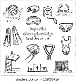 Aquatic championship Hand drawn doodle set. Vector illustration. Isolated elements on white background. Symbol collection.