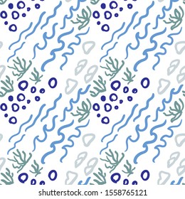 Aquatic colors seamless pattern. Sea motives. Waves, bubbles and algae.