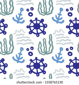 Aquatic colors seamless pattern. Sea motives. Waves, bubbles and algae.