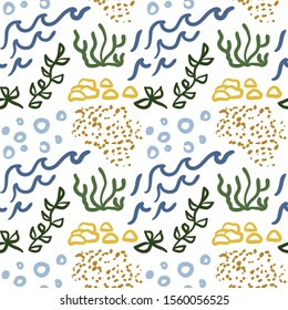Aquatic colors seamless pattern. Sea motives. Waves, bubbles and algae. Nautical ornament.