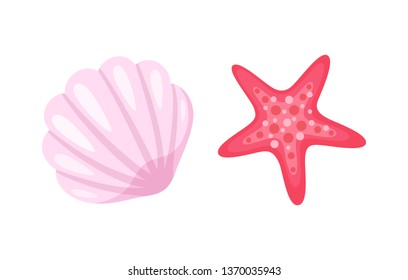 Aquatic creatures vector, isolated icons of conch and starfish. Pink seastar with five corners, animals living in sea water, ocean bottom dwellers