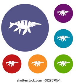 Aquatic dinosaur icons set in flat circle red, blue and green color for web