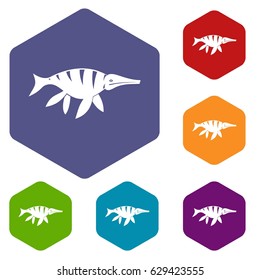 Aquatic dinosaur icons set hexagon isolated vector illustration