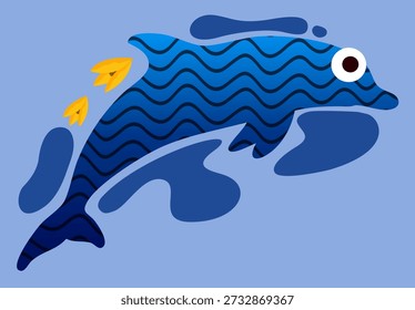 golfinho aquático saltando pelas ondas do oceano com detalhes abstratos de folhas botânicas amarelas