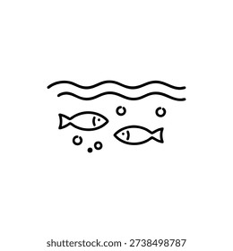 Aquatic ecosystem line icon black and white vector illustration of fish underwater with bubbles and water waves minimalist ecology design