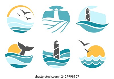 Aquatic environment logo collection. Ocean waves with whale tail in water, flying seagulls and lighthouse silhouette. Sunrise or sunset with sea surface emblems isolated vector set