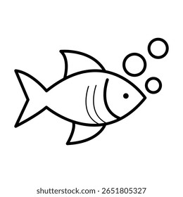 Ícone de natação de bolha de peixe aquático com cauda de barbatanas e escamas linha desenho vetor ilustração contorno preto estilo de esboço isolado.