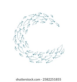 Aquatic fish school pattern. Group of silhouettes in ocean. Underwater scene, chalk texture, swirl design, perfect for marine life themes, educational materials, or aquarium decor.