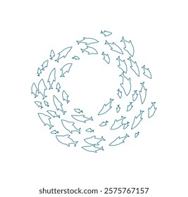 Aquatic fish school silhouette. Group of swimming fish in a swirling pattern. Underwater life, flat doodle style, suitable for marine projects.